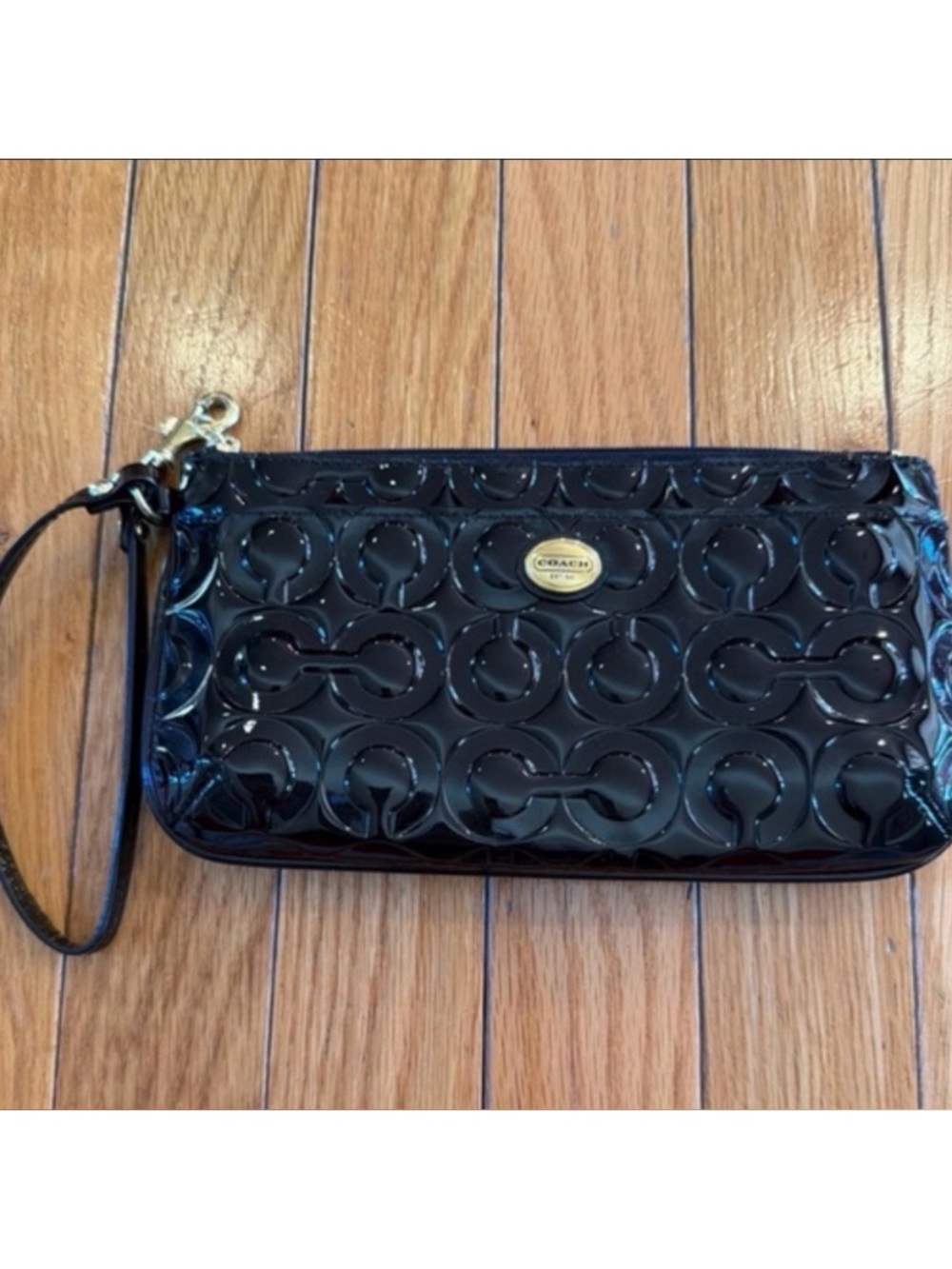 Coach Black Patent Leather Wristlet with Gold-Tone Logo - Picture 2 of 7